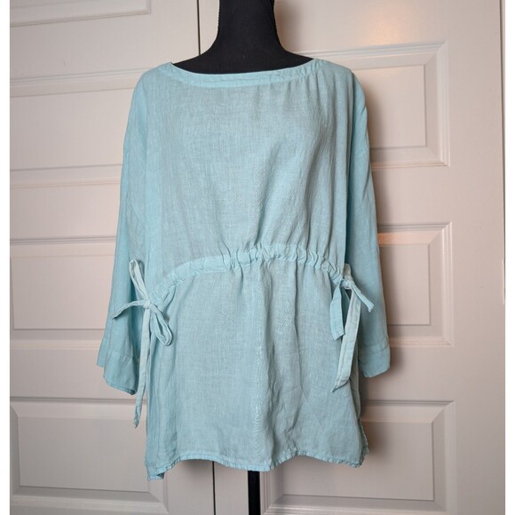 Eileen Fisher Size M Blouse Handkerchief Linen Bateau Neck 3/4 Sleeve Coastal - Picture 2 of 9